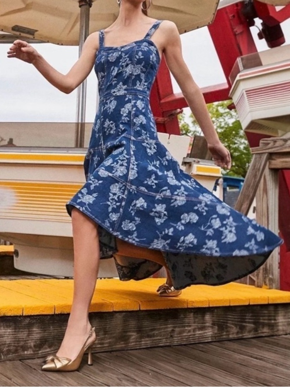 Jewel by Badgley Mischka rose print high-low denim dress with a sweetheart neck